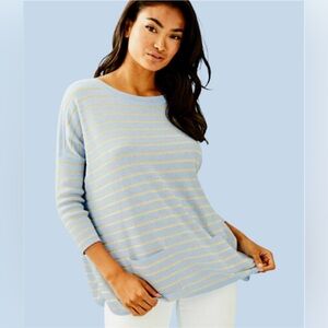 Lilly Pulitzer Blue Cobo Oversized Sweater Striped Gold Metallic Pockets Size S